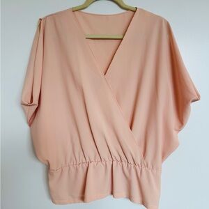 Peach Dolman Sleeve Wrap Short Sleeve Flowy Elegant Blouse